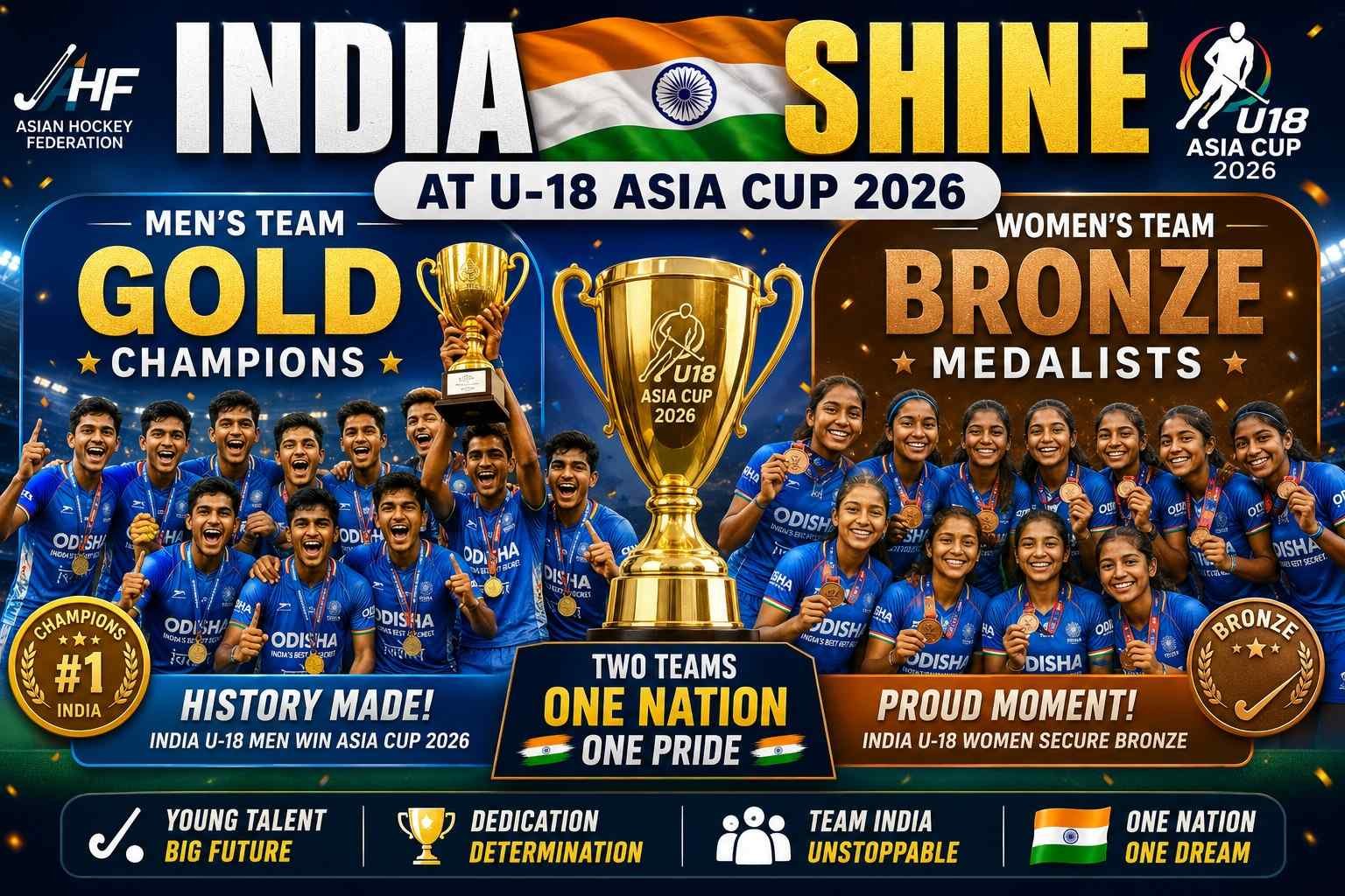 Indian U-18 men's hockey team celebrating with the championship trophy after winning the gold medal, alongside the Indian U-18 women's hockey team proudly displaying their bronze medals at the U-18 Asia Cup 2026.