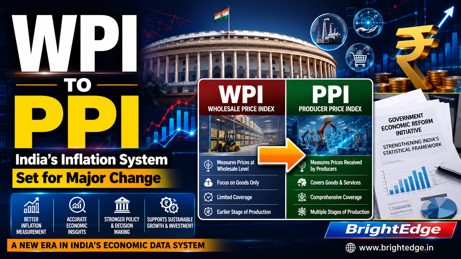 Infographic illustrating India's proposed transition from the Wholesale Price Index (WPI) to the Producer Price Index (PPI). The image features a split-screen comparison of WPI and PPI, economic charts, Indian Parliament, rupee symbol, government policy documents, and financial analytics graphics, highlighting a major reform in India's inflation measurement system.