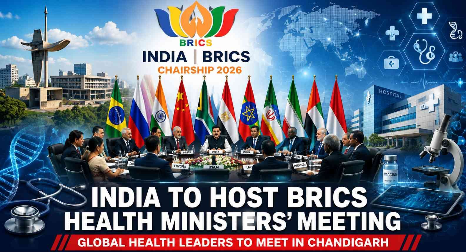 BRICS Chairship 2026 logo with India hosting the BRICS Health Ministers' Meeting in Chandigarh, highlighting global healthcare cooperation among BRICS member nations.