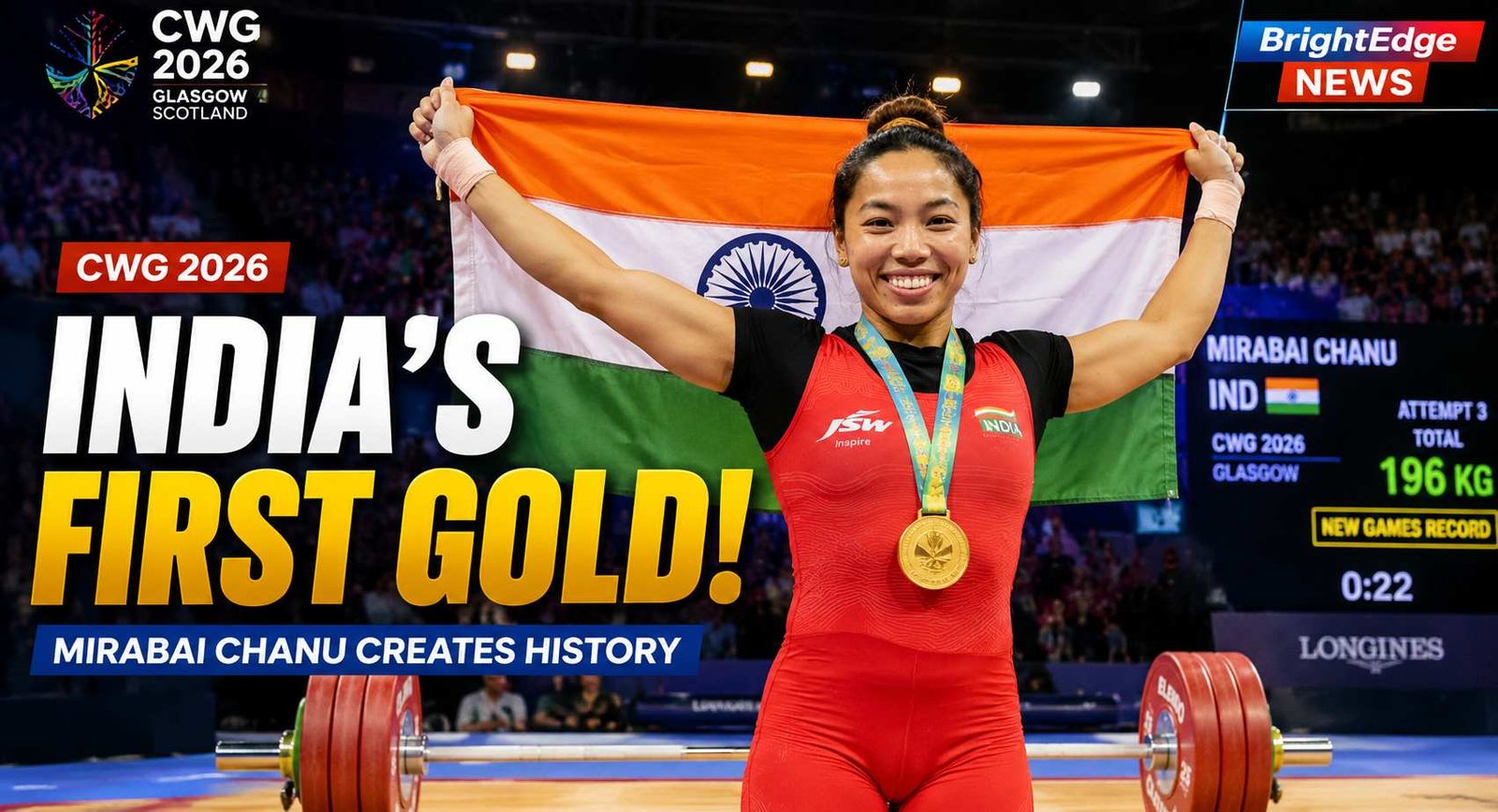 Mirabai Chanu celebrates after winning India's first gold medal in the women's 48kg weightlifting event at the Commonwealth Games 2026 in Glasgow, holding the Indian flag and wearing her gold medal.