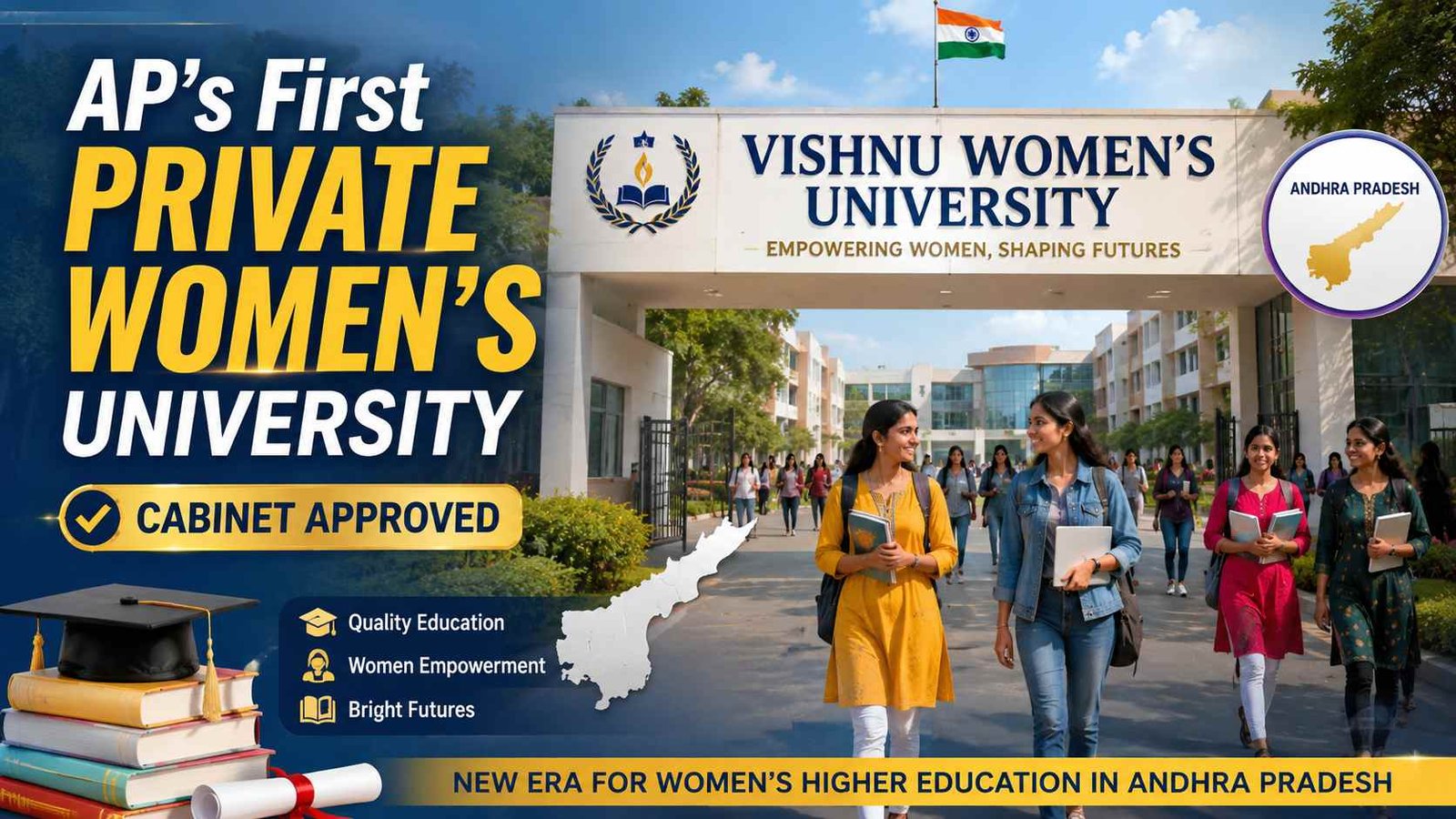 Andhra Pradesh Chief Minister N. Chandrababu Naidu announces the approval of Vishnu Women’s University, the first private women’s university in Andhra Pradesh, with a modern university campus and students in the background.