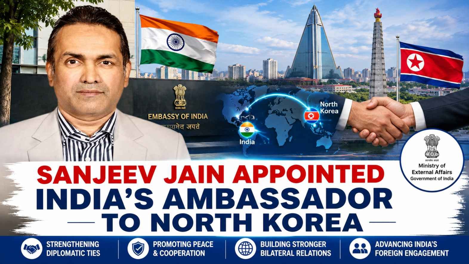 Indian Foreign Service (IFS) officer Sanjeev Jain, newly appointed as India's Ambassador to North Korea (DPRK), with the Indian and North Korean flags and a diplomatic backdrop.