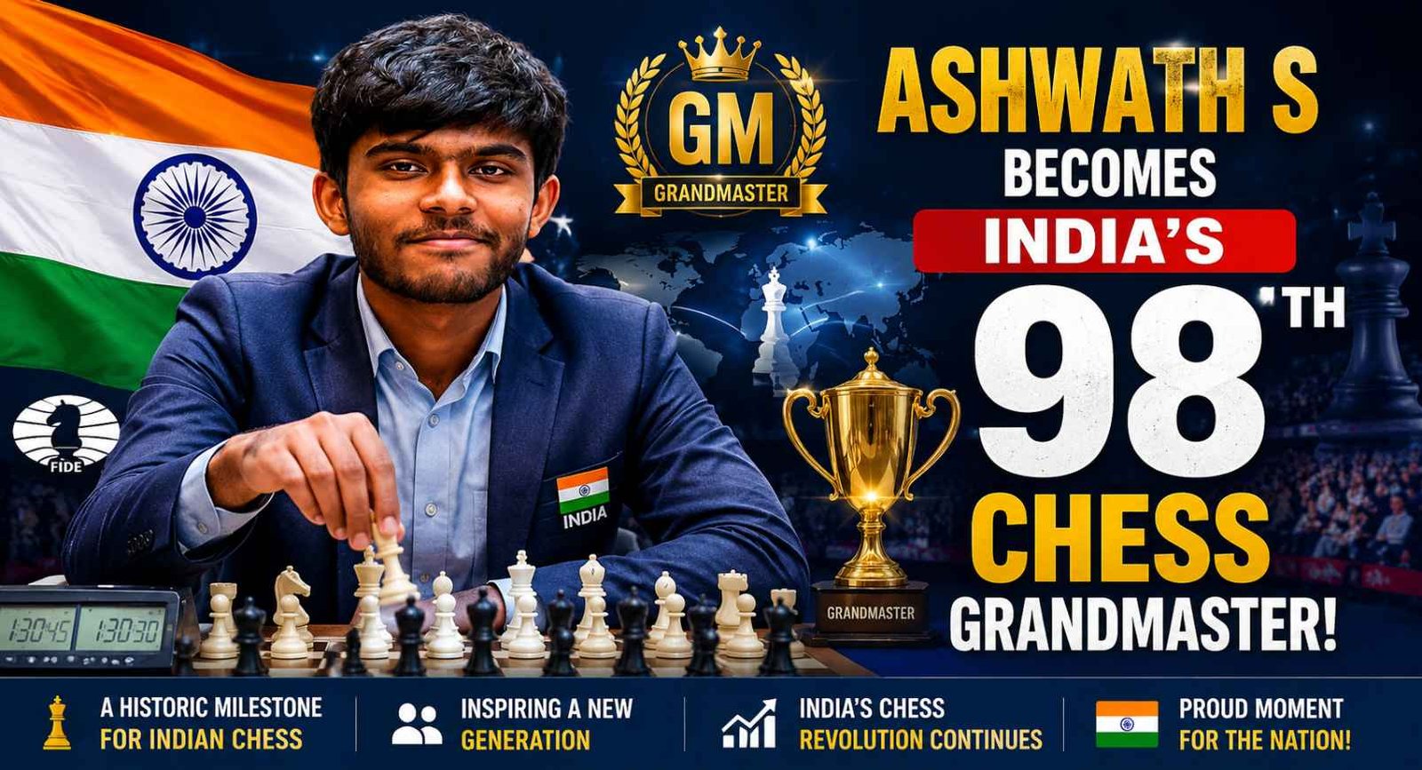 Indian chess player Ashwath S celebrates becoming India's 98th Chess Grandmaster with a chessboard, Grandmaster title, and the Indian flag in the background.