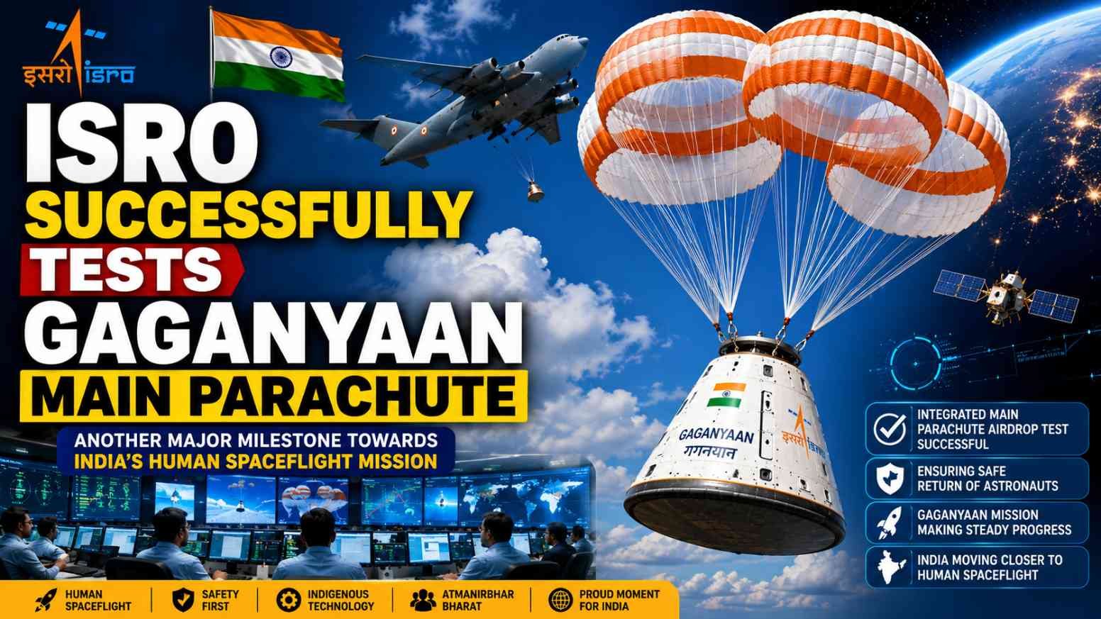 ISRO's Gaganyaan Crew Module descends safely under three orange-and-white main parachutes during the successful Integrated Main Parachute Airdrop Test, a key milestone in India's first human spaceflight mission.