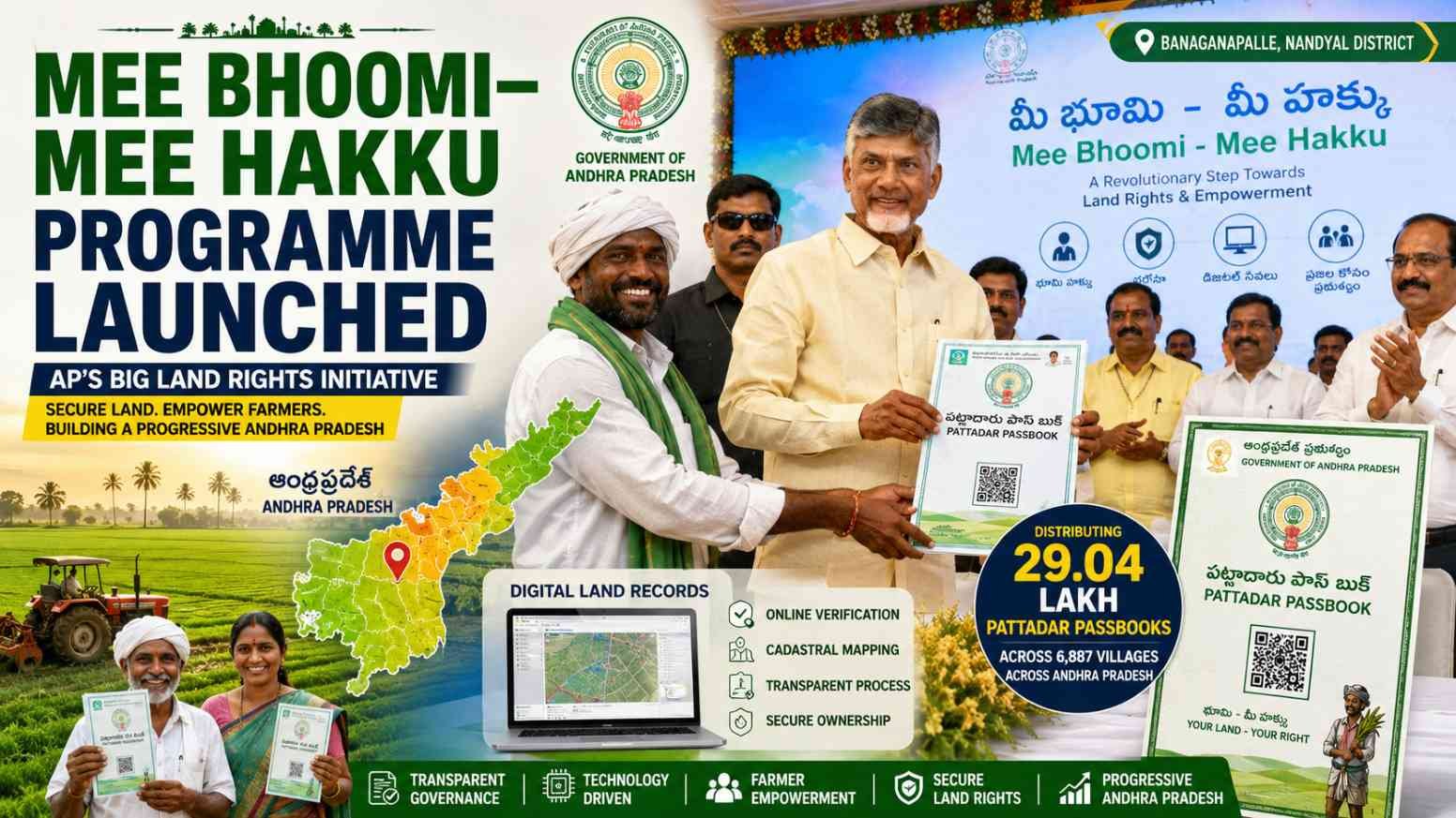 Andhra Pradesh Chief Minister N. Chandrababu Naidu launches the Mee Bhoomi-Mee-Hakku Programme in Nandyal, distributing Pattadar Passbooks and promoting digital land reforms for farmers.