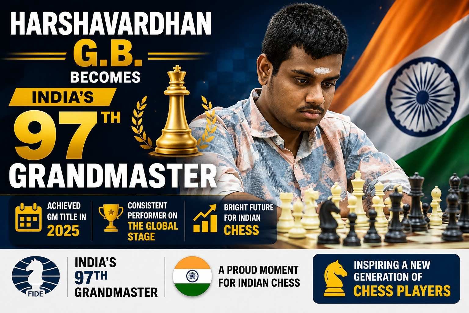 G.B. Harshavardhan becomes India's 97th Grandmaster after securing his final GM norm at the Chola Chess Tournament in Chennai.