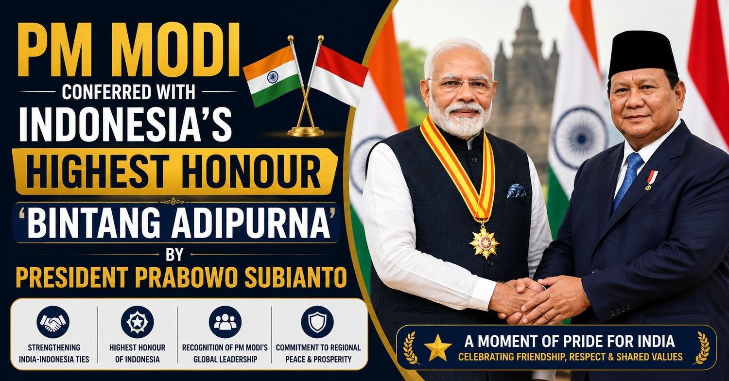 Prime Minister Narendra Modi receives Indonesia's highest civilian honour, Bintang Adipurna, from President Prabowo Subianto.