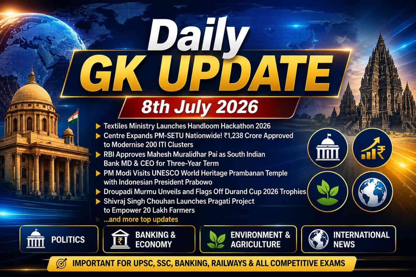 Daily GK Update – 8th July 2026 news thumbnail featuring a blue and gold digital world map background, bold headline, Indian Parliament and Prambanan Temple visuals, with icons representing politics, banking, environment, and international news. Highlights key current affairs for UPSC, SSC, Banking, Railways, Defence, and other competitive exams.