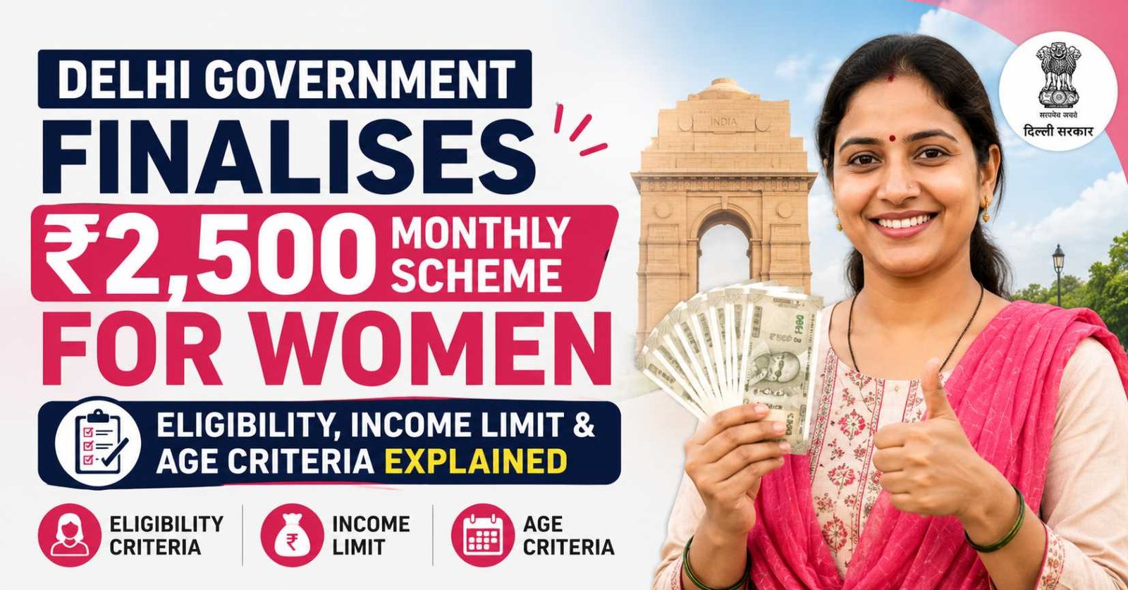 Delhi Lakshmi Yojana illustration showing a woman receiving ₹2,500 monthly financial assistance with the Delhi skyline in the background.