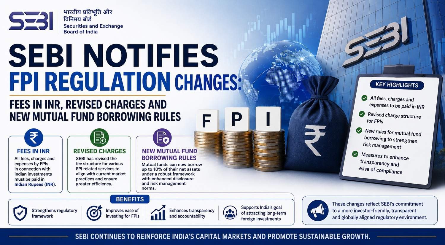 SEBI introduces new FPI regulations with INR-based fee structure and revised mutual fund borrowing rules.