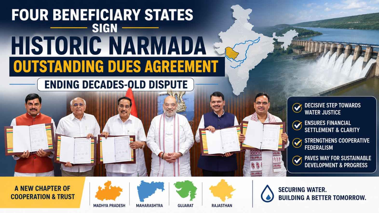 Gujarat, Madhya Pradesh, Maharashtra and Rajasthan sign historic agreement resolving Narmada outstanding dues.