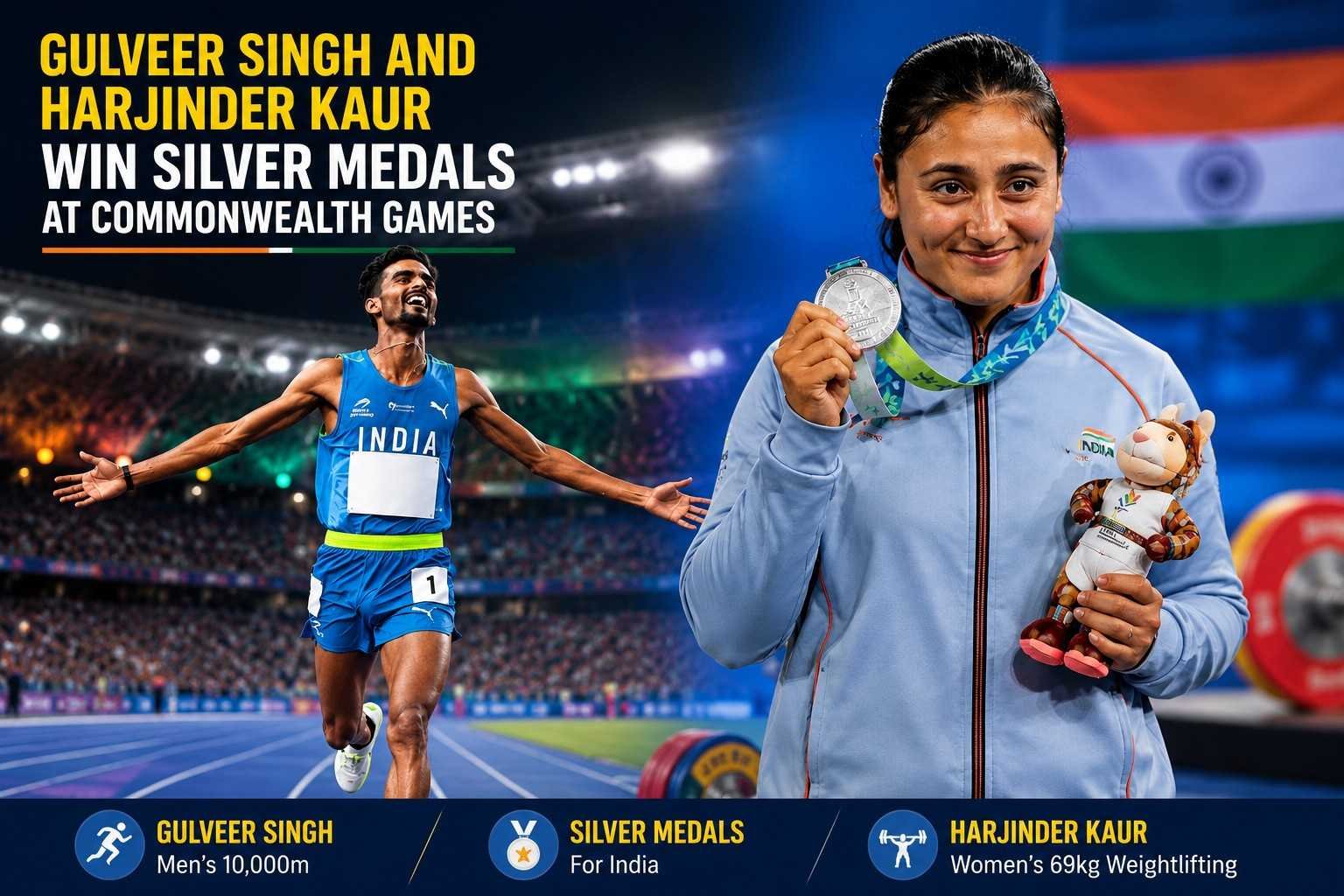 Gulveer Singh celebrates after winning the silver medal in the men's 10,000m event, while Harjinder Kaur proudly displays her silver medal in weightlifting at the Commonwealth Games 2026 in Glasgow.