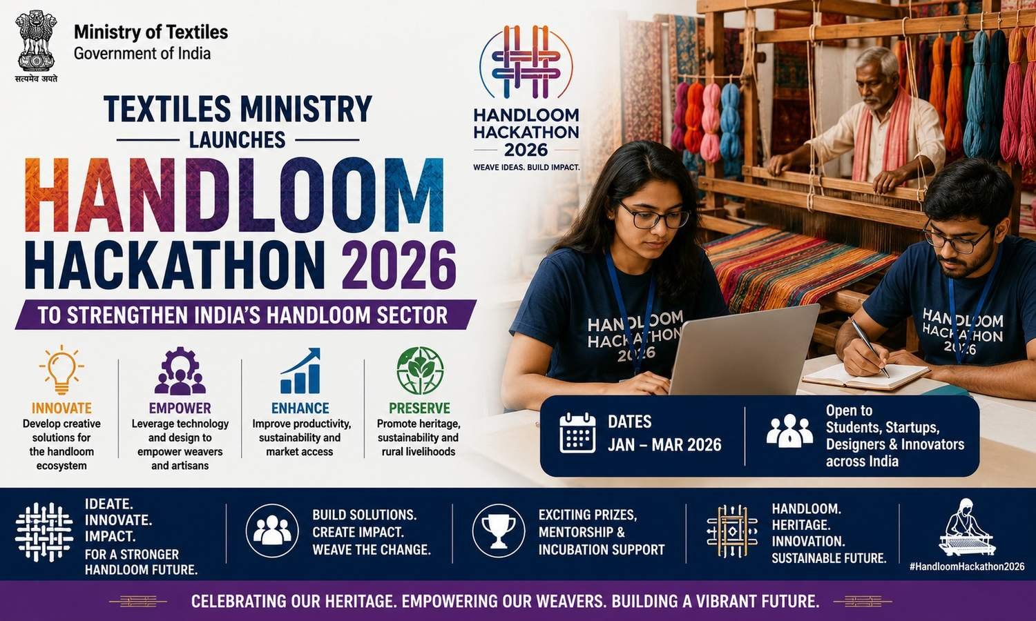 Ministry of Textiles launches Handloom Hackathon 2026 to promote innovation and sustainable solutions for India's handloom sector.