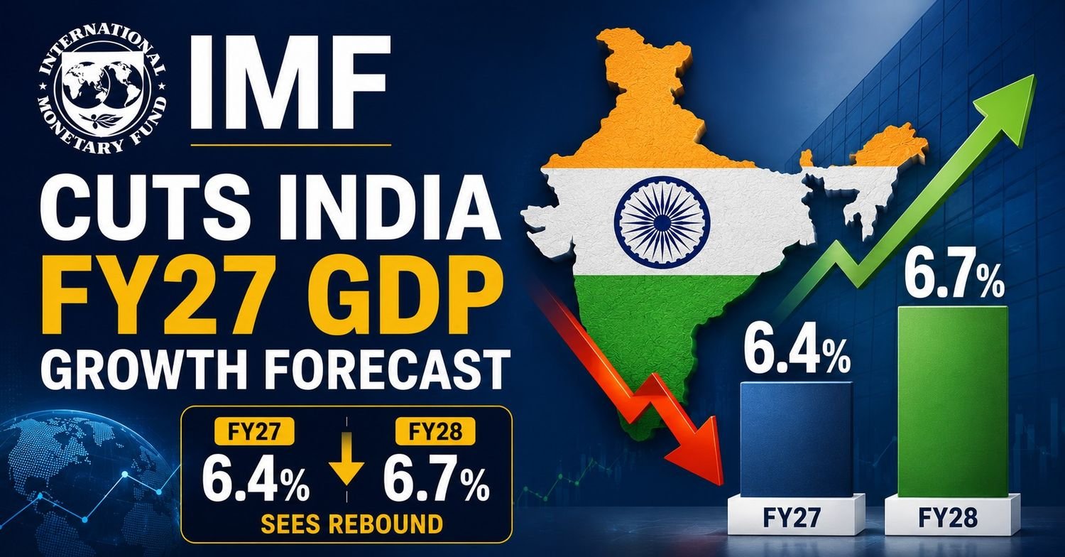 IMF lowers India's FY27 GDP growth forecast to 6.4% while raising FY28 outlook to 6.7%.