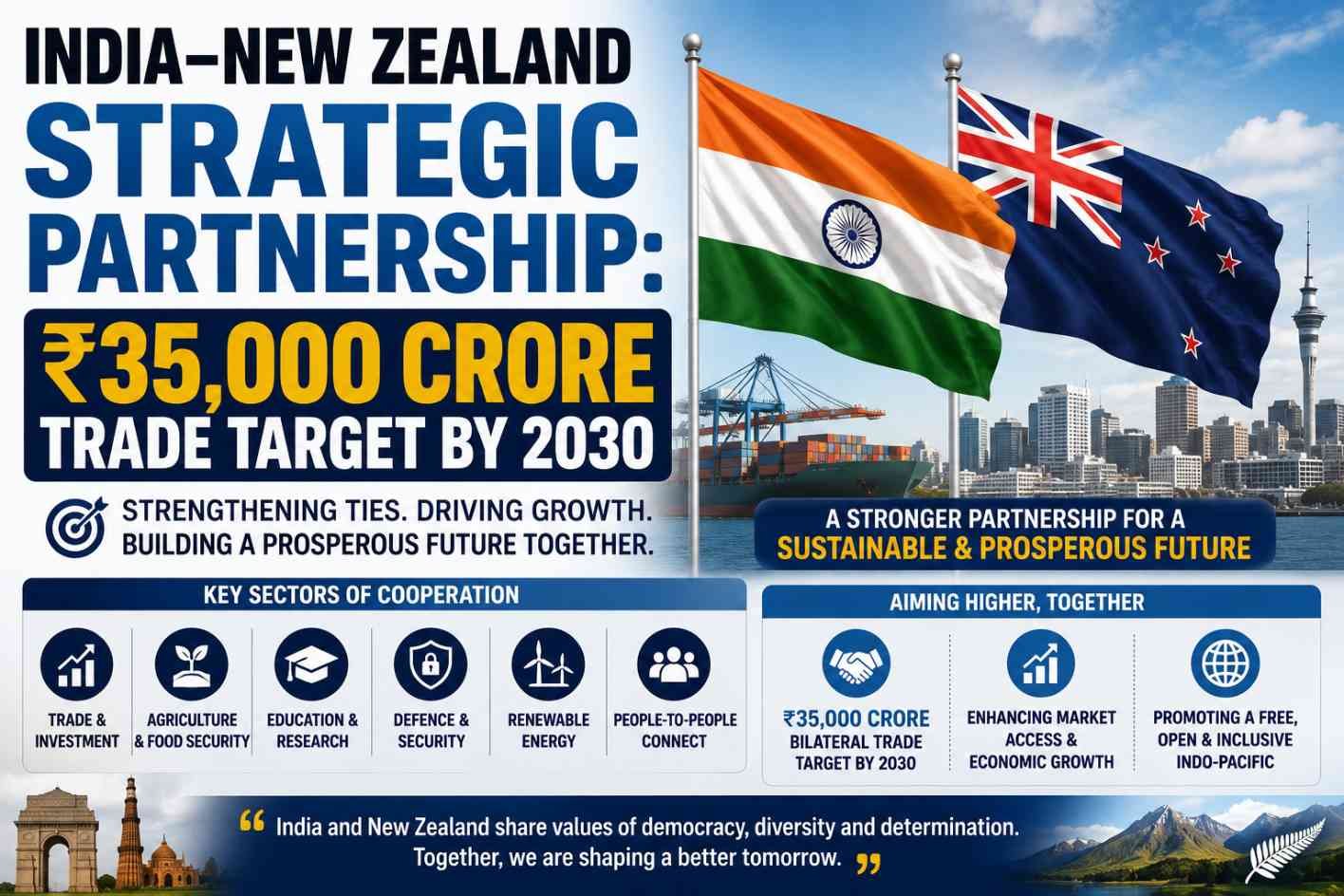 India-New Zealand Strategic Partnership thumbnail highlighting the ₹35,000 crore bilateral trade target by 2030 with the flags of India and New Zealand.