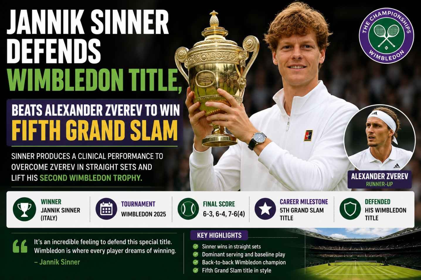 Jannik Sinner celebrates after defeating Alexander Zverev to win the Wimbledon 2026 men's singles title.
