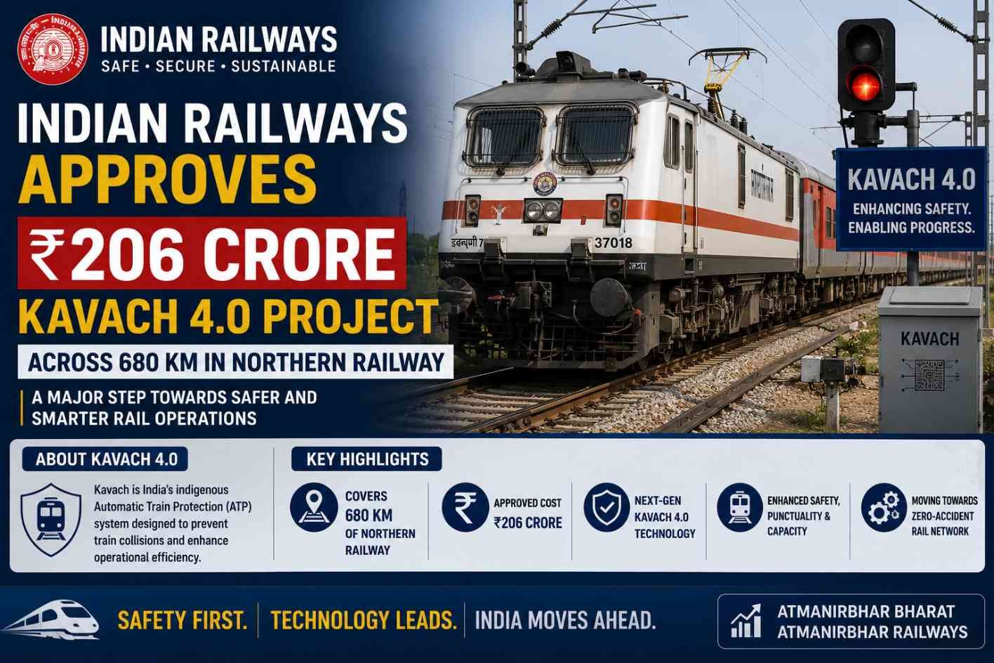 Indian Railways approves ₹206 crore Kavach 4.0 project across 680 km of Northern Railway.