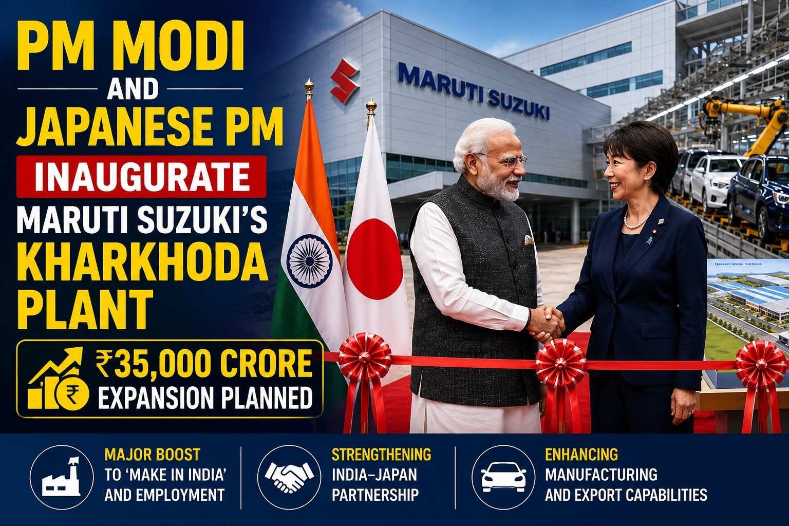 PM Narendra Modi and Japanese PM Sanae Takaichi inaugurate Maruti Suzuki's Kharkhoda plant with a planned ₹35,000 crore expansion.