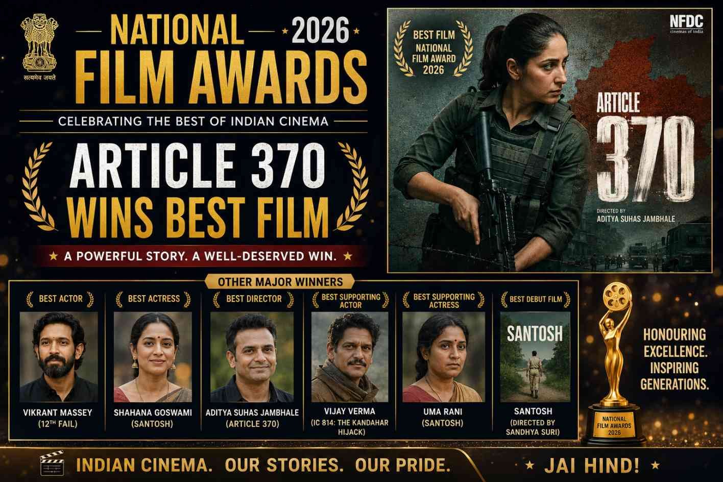 Article 370 wins Best Feature Film at the 72nd National Film Awards as Yami Gautam, Mammootty and Kartik Aaryan receive acting honours.