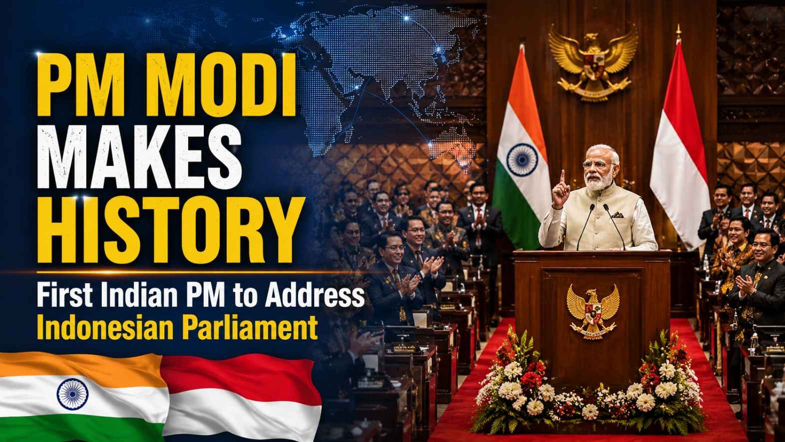Prime Minister Narendra Modi delivers a historic address inside the Indonesian Parliament in Jakarta, with Indian and Indonesian flags displayed behind him as lawmakers applaud.