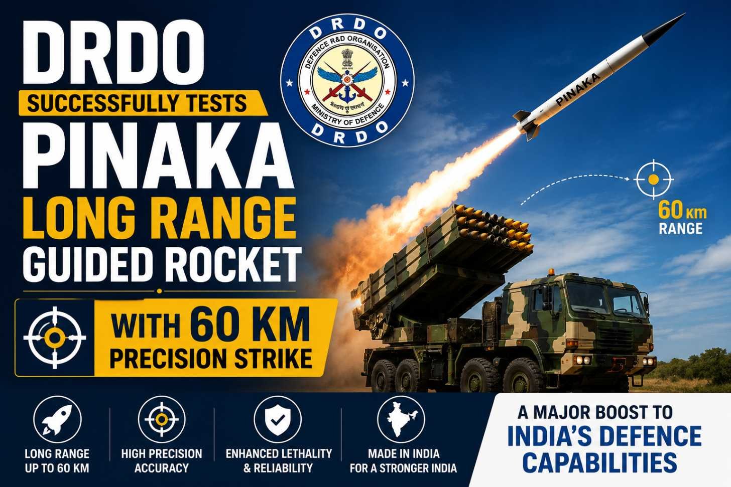 DRDO successfully tests Pinaka Long Range Guided Rocket during flight trial at Chandipur in July 2026.