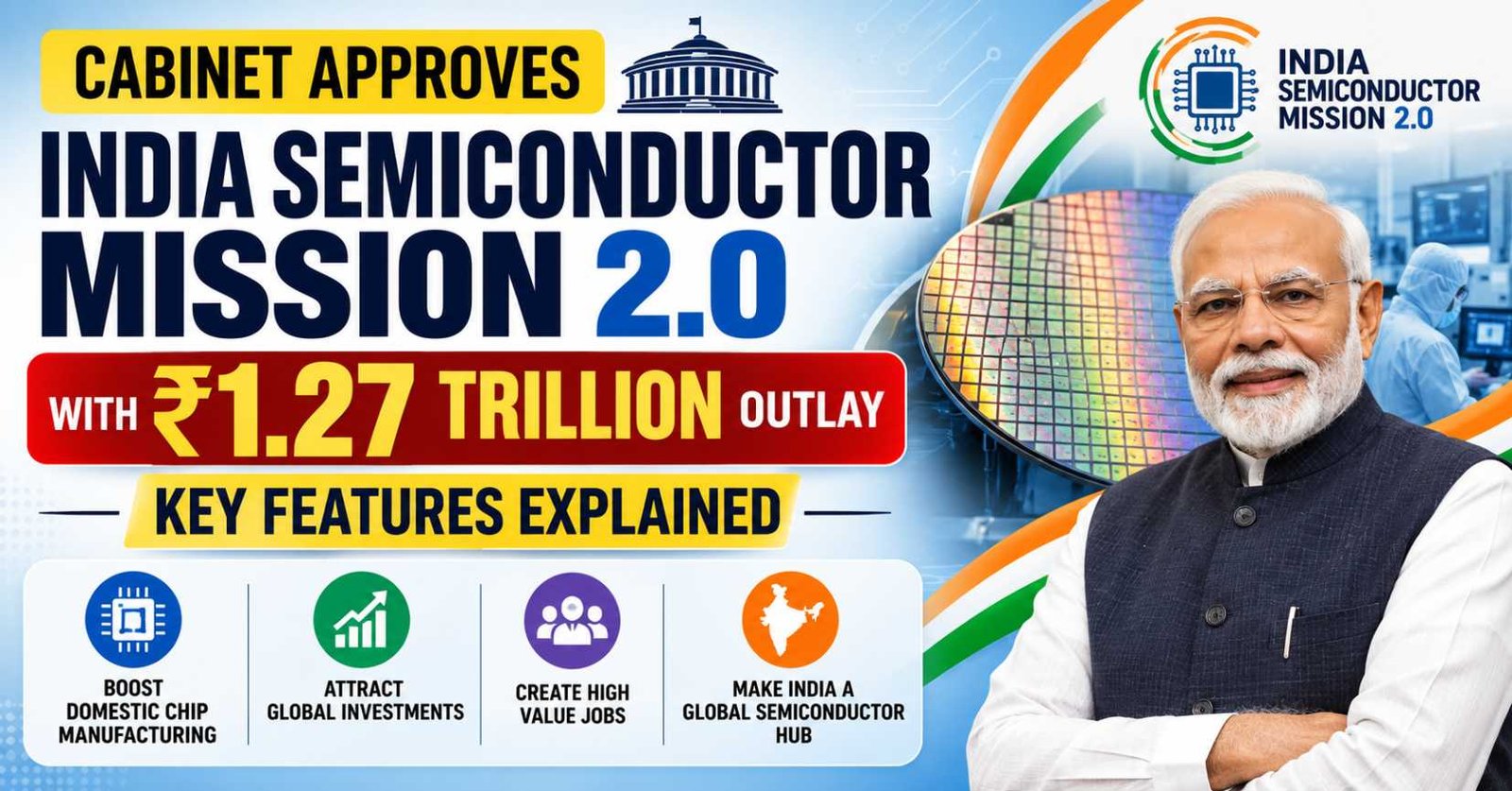 India Semiconductor Mission 2.0 illustration showing semiconductor chips, fabrication plant, and ₹1.27 lakh crore investment.