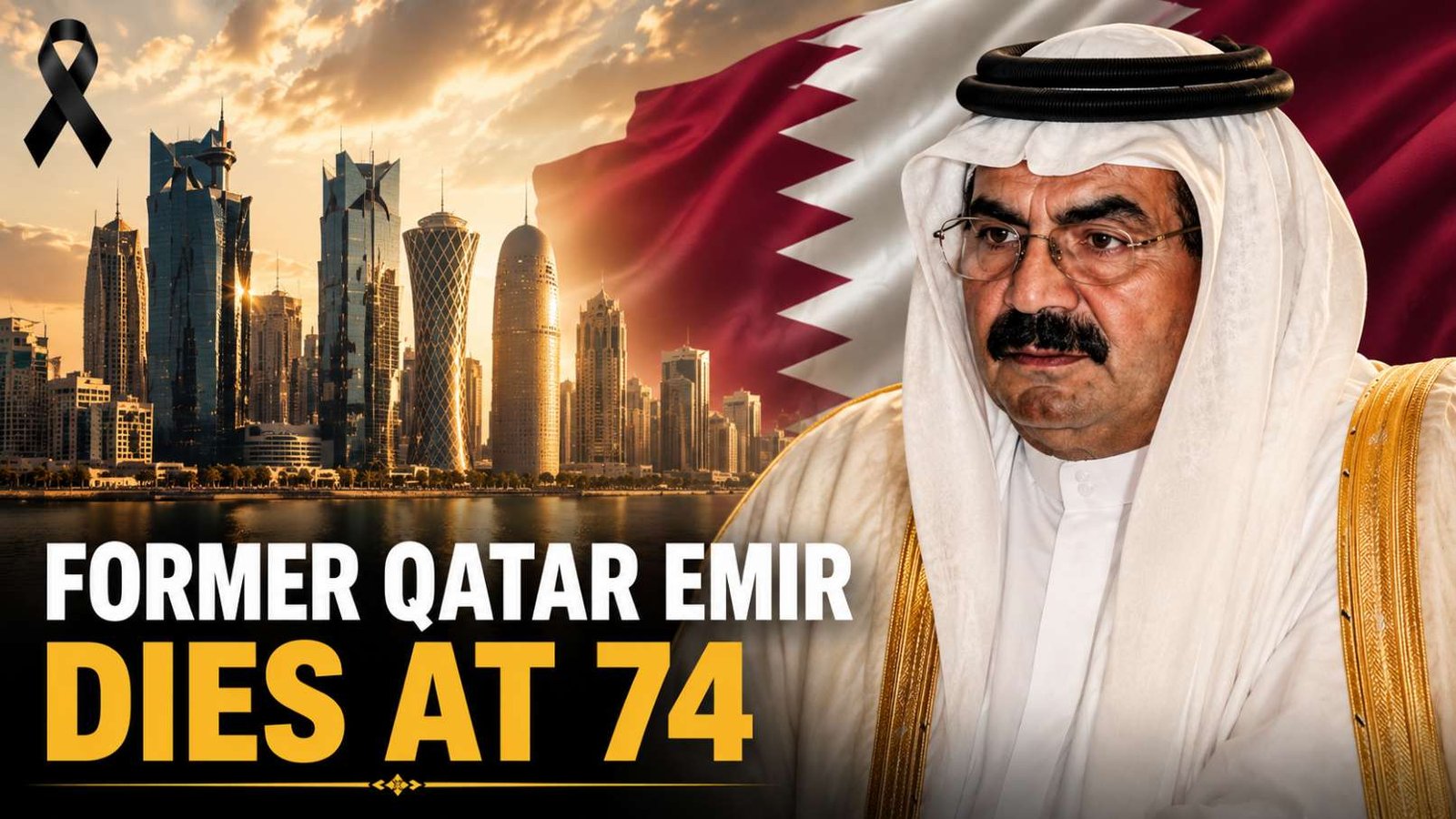Former Qatar Emir Sheikh Hamad bin Khalifa Al Thani wearing traditional Qatari attire against the Qatar national flag and Doha skyline, with a black mourning ribbon and the headline "Former Qatar Emir Dies at 74."