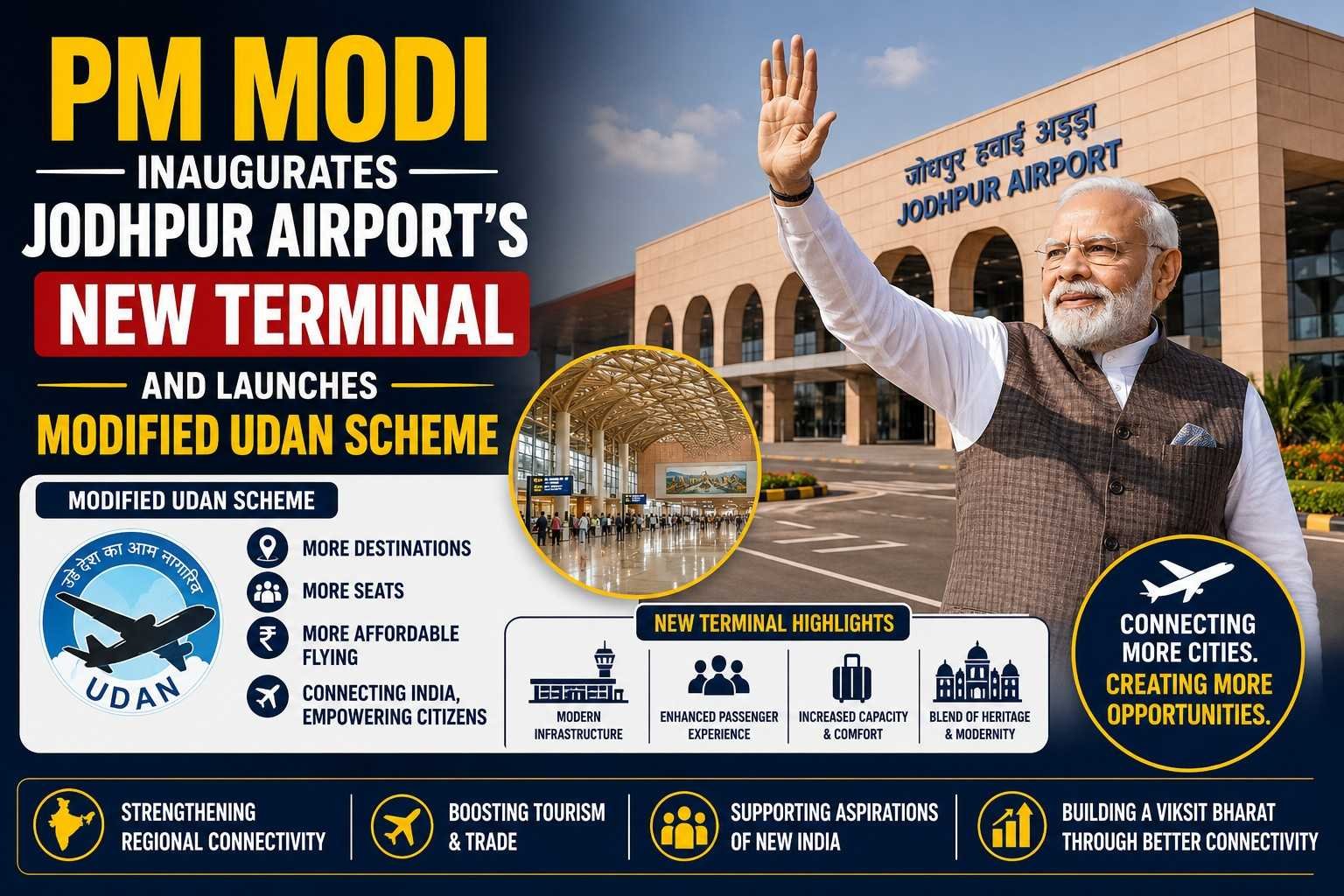 Prime Minister Narendra Modi inaugurates the new Jodhpur Airport terminal and launches the Modified UDAN Scheme.