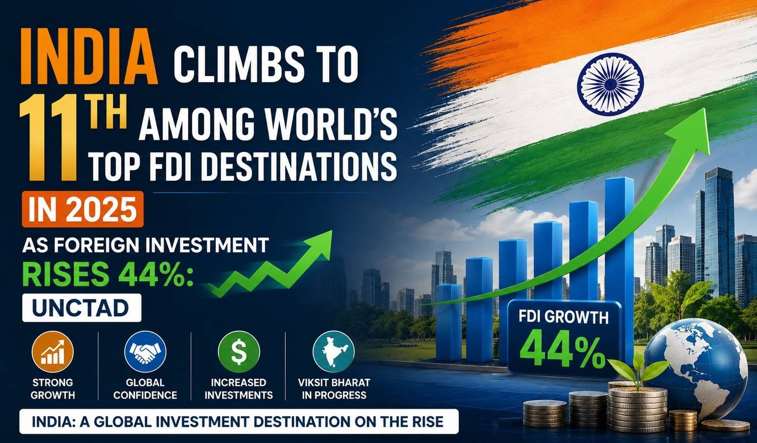 India climbs to 11th among the world's top FDI destinations in 2025 as foreign investment rises 44%, according to the UNCTAD World Investment Report.