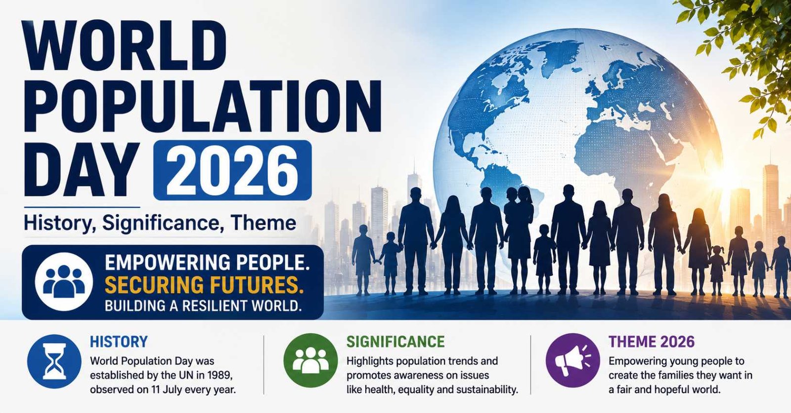 World Population Day 2026 thumbnail featuring a globe, diverse people, and the theme highlighting history, significance, and global population awareness.