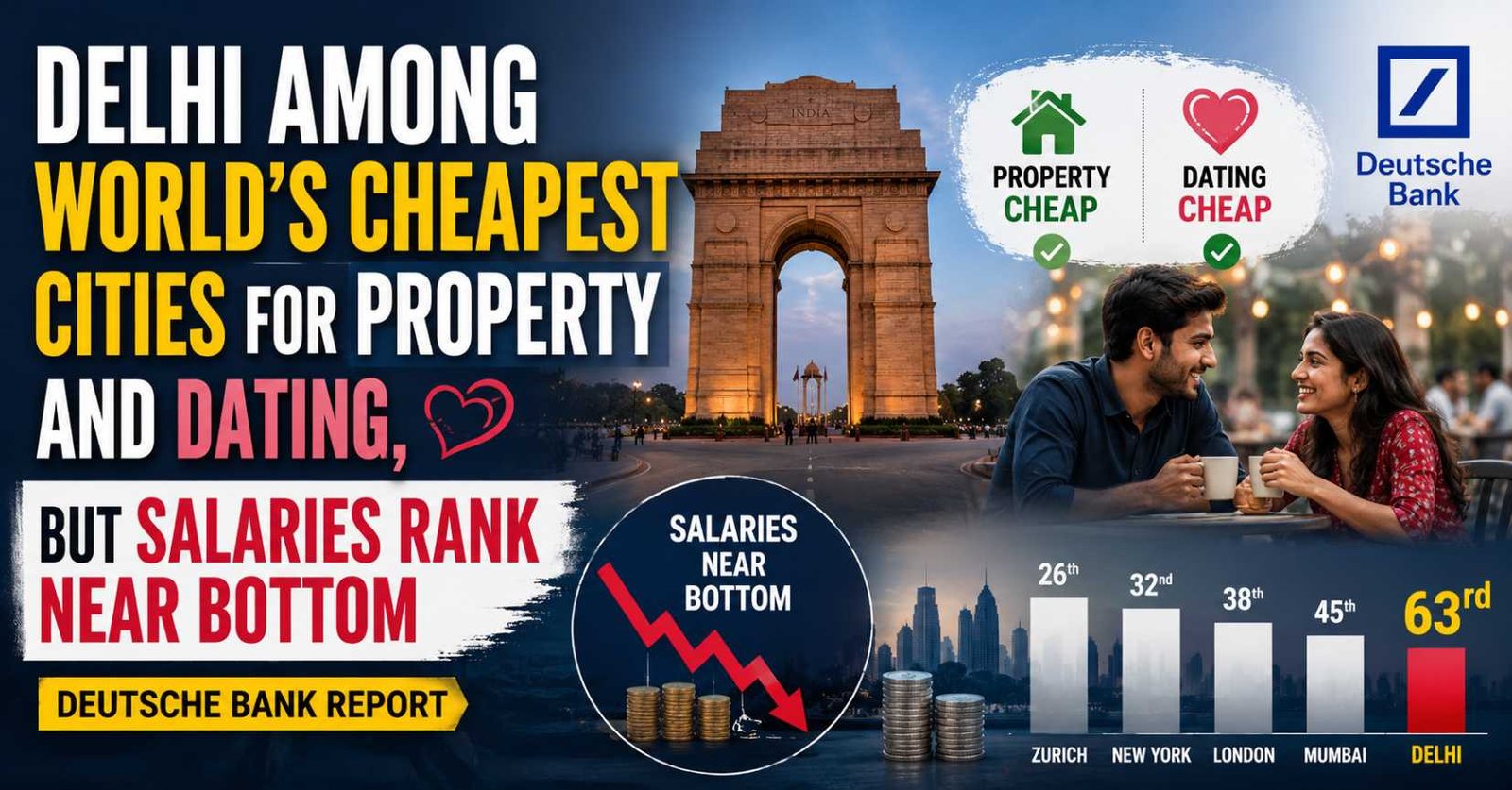Delhi ranks among the world’s cheapest cities for property, broadband and dating but near the bottom for salaries in Deutsche Bank’s 2026 report.