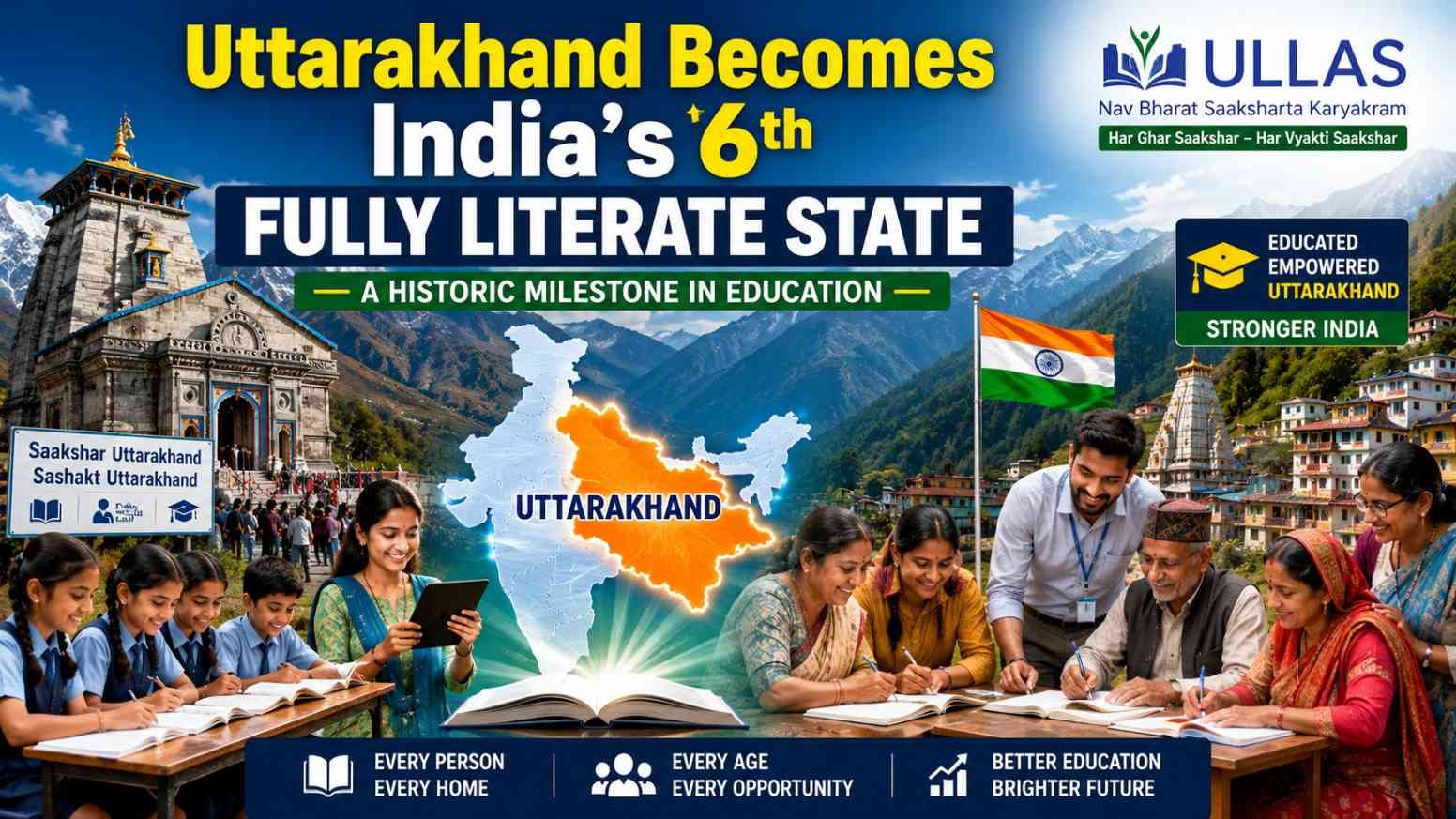 Uttarakhand celebrates becoming India's sixth fully literate State under the ULLAS Mission, highlighting students, adult learners, teachers, and the Himalayan backdrop.