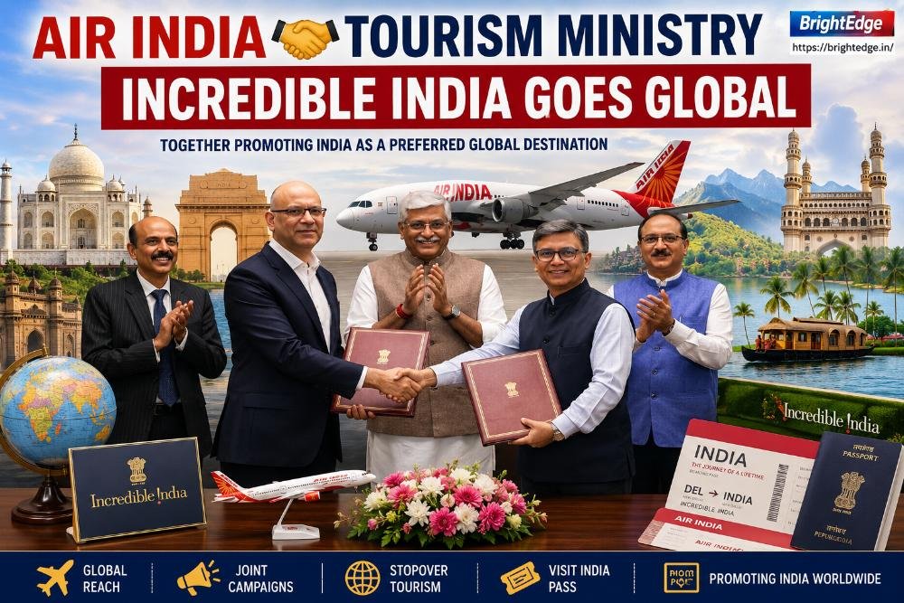 Officials from the Ministry of Tourism and Air India exchange MoU documents in New Delhi to promote India as a preferred global tourism destination under the Incredible India campaign
