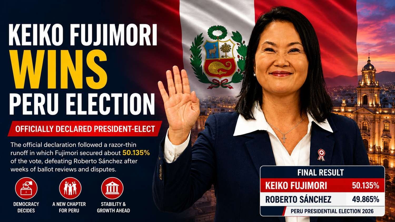 Keiko Fujimori waves after being declared the winner of Peru's 2026 presidential election following a narrow runoff victory.