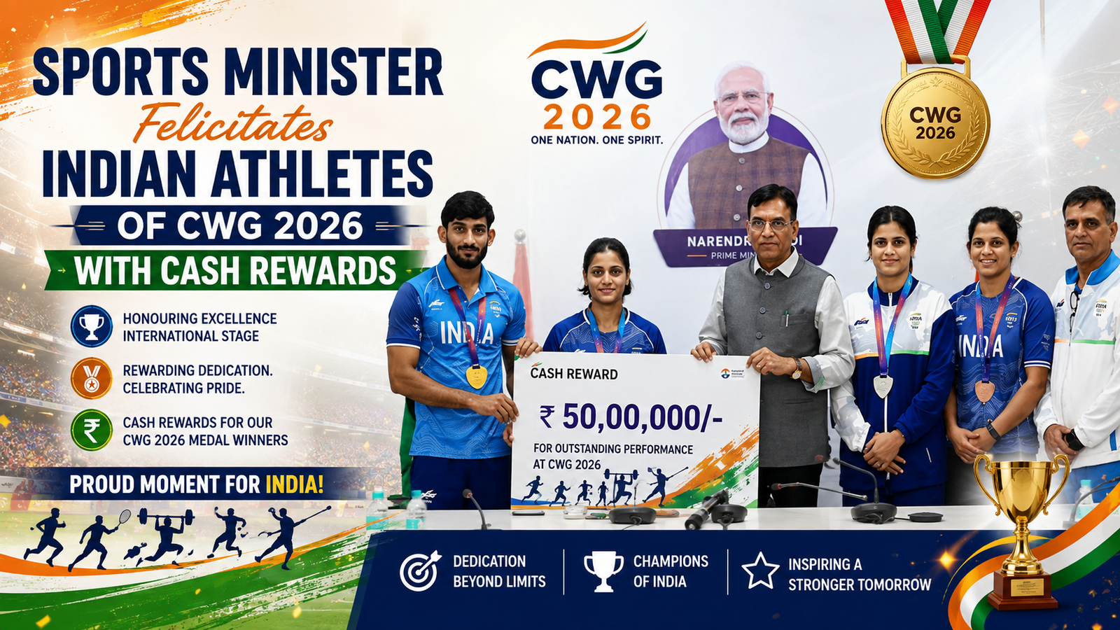 Sports Minister felicitates Indian Commonwealth Games 2026 medal-winning athletes with cash rewards during a special honour ceremony.