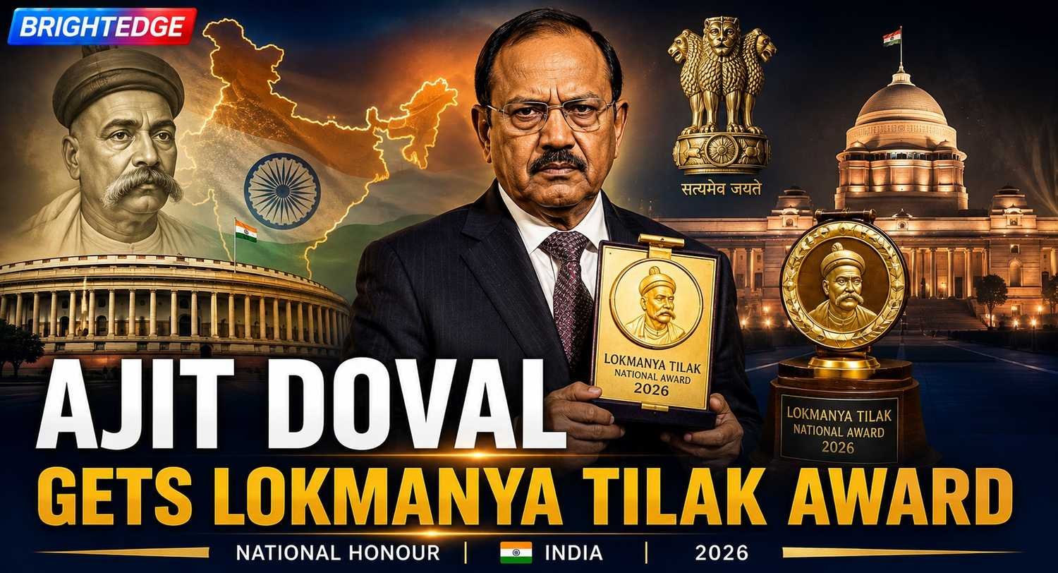 Premium news thumbnail featuring National Security Advisor Ajit Doval receiving the Lokmanya Tilak National Award 2026, with a golden award, Lokmanya Tilak's portrait, and Indian national symbols in the background.