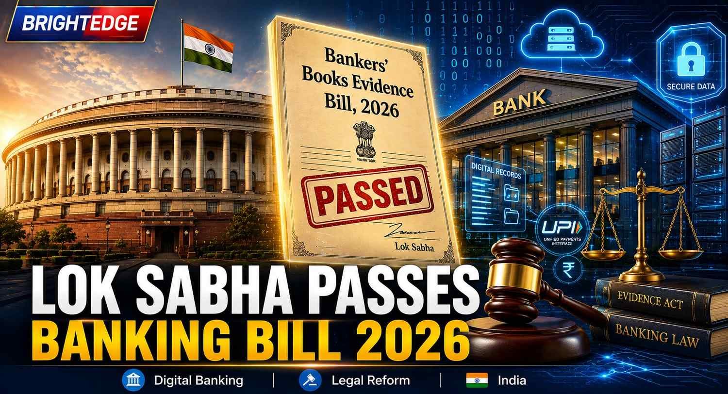 Premium news thumbnail showing the Indian Parliament and a digital banking document representing the Bankers' Books Evidence Bill, 2026 passed by the Lok Sabha to modernize banking evidence laws.