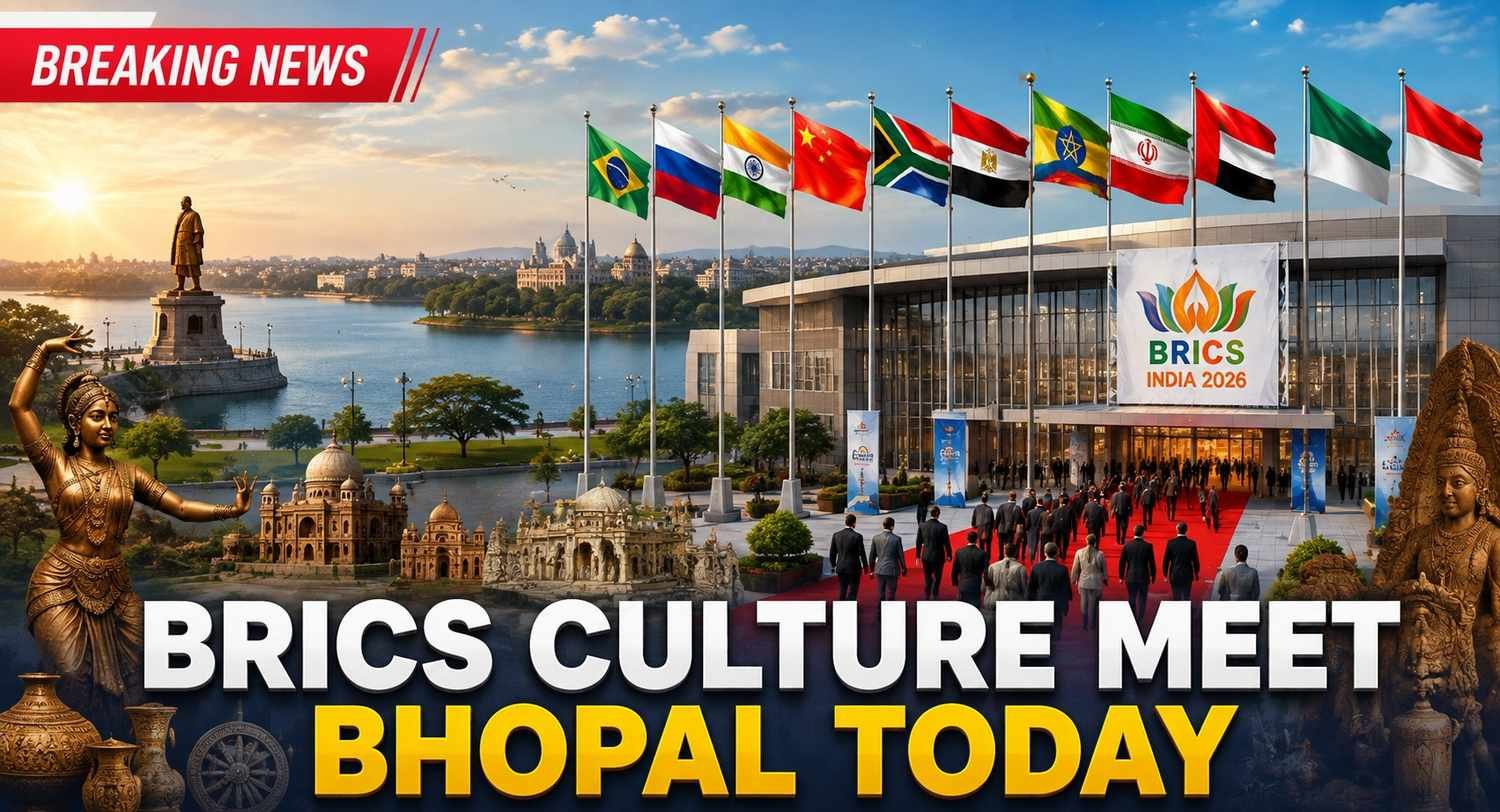 BRICS Culture Ministers' Meeting in Bhopal featuring the Upper Lake skyline, convention centre, BRICS nation flags, delegates, and cultural heritage elements during the BRICS India 2026 summit.
