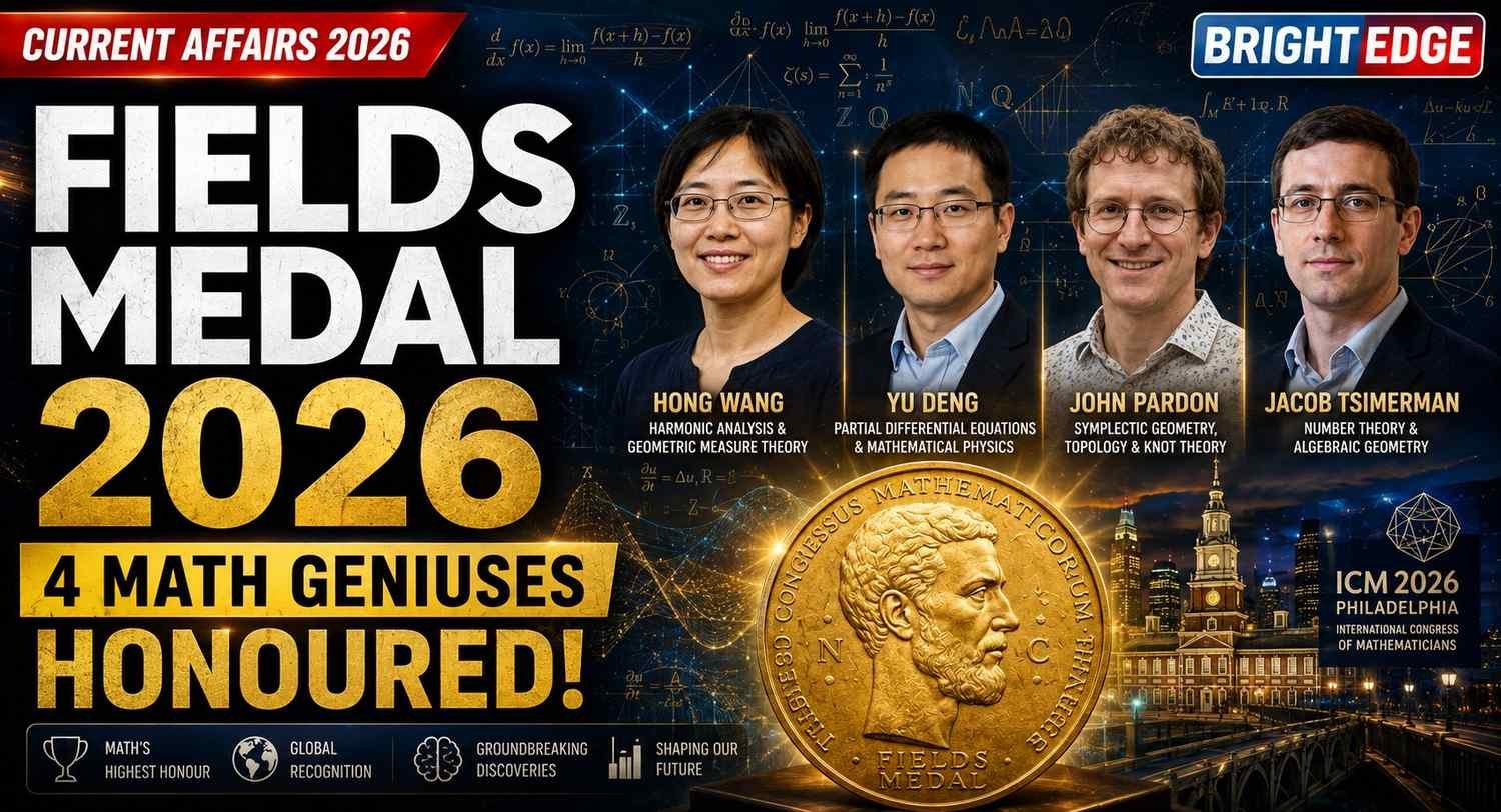 Fields Medal 2026 featuring Hong Wang, Yu Deng, John Pardon and Jacob Tsimerman, with the prestigious Fields Medal and mathematical graphics in the background.
