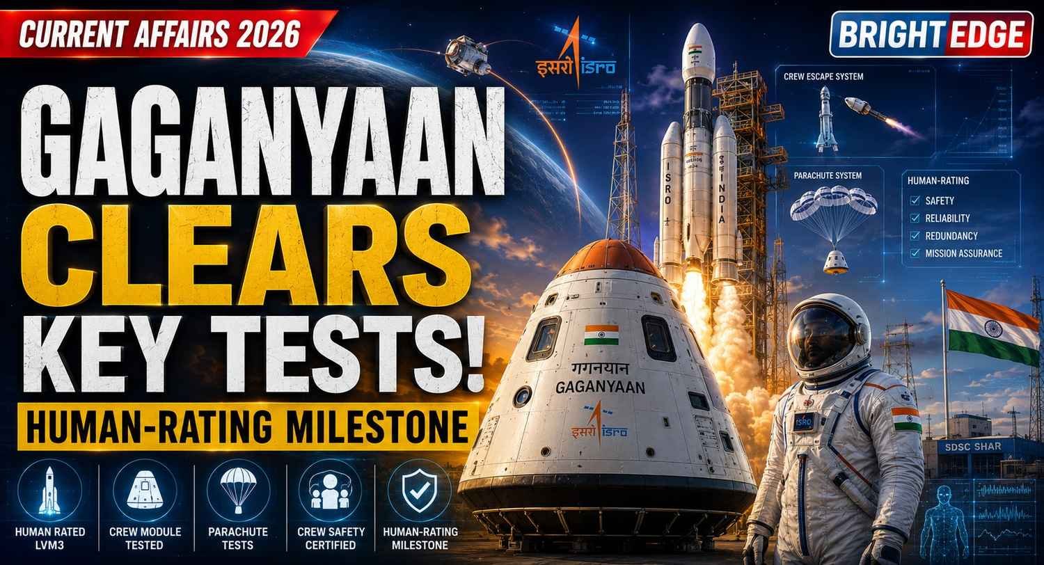 ISRO Gaganyaan human-rating milestone featuring the Human Rated LVM3 rocket, Gaganyaan crew module, Indian astronaut, parachute and crew escape system graphics, with BRIGHTEDGE branding and a Current Affairs 2026 ribbon.