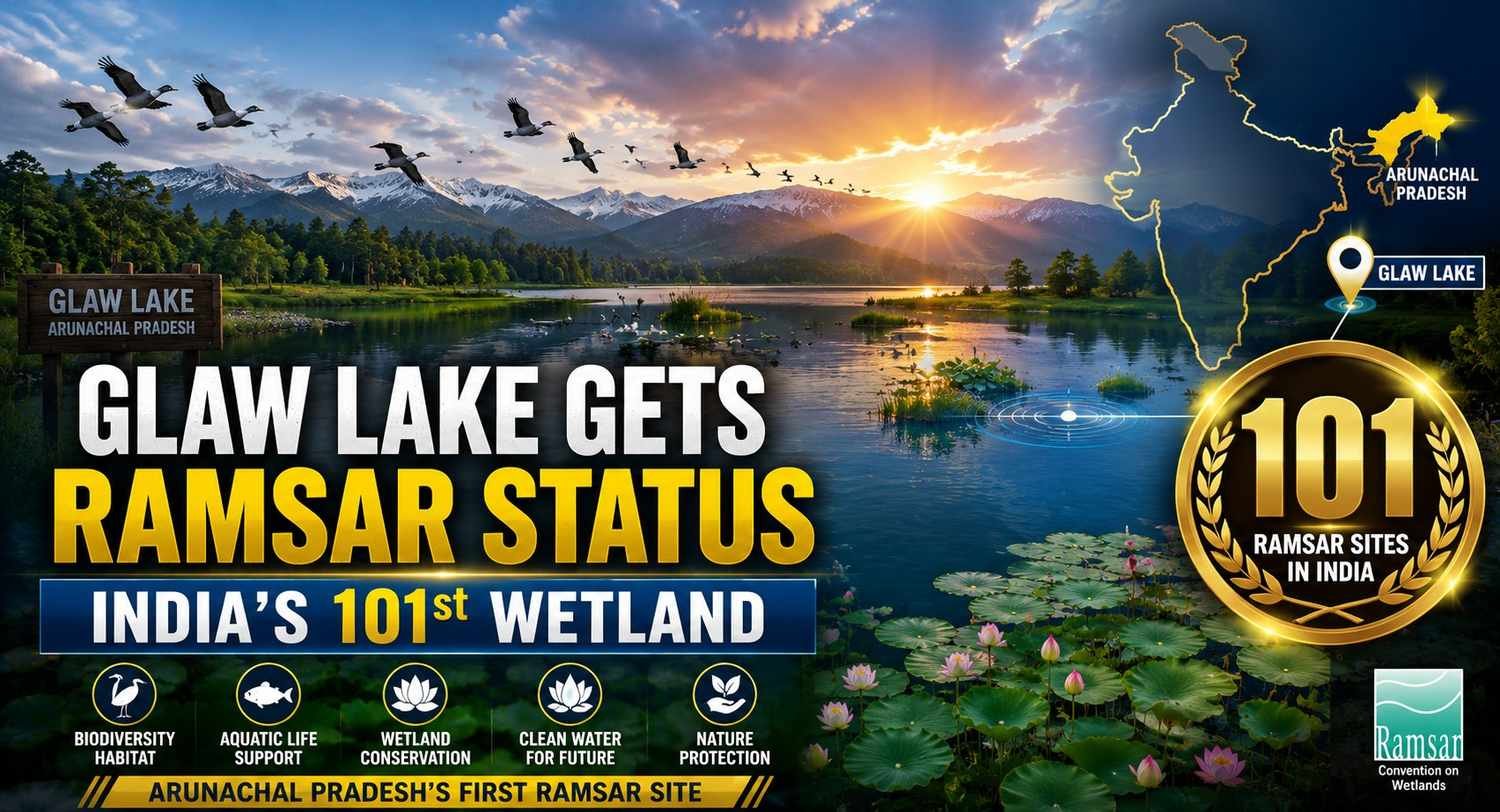 Glaw Lake in Arunachal Pradesh at sunrise, surrounded by lush forests and the Eastern Himalayan mountains, celebrating its recognition as the state's first Ramsar Site and India's 101st Wetland of International Importance.