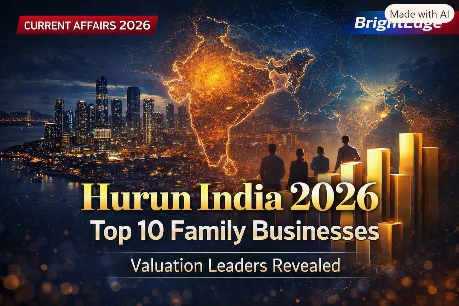 “Hurun India 2026 Top 10 Family Businesses – Valuation Leaders Revealed; Mumbai skyline with golden valuation bars, silhouettes of business professionals, and glowing India map in blue‑gold tones.”