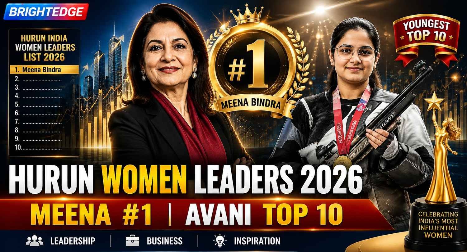Business news thumbnail featuring Meena Bindra ranked No. 1 in the Hurun India Women Leaders List 2026 and Paralympic champion Avani Lekhara recognized as the youngest woman in the Top 10, celebrating India's leading women achievers.