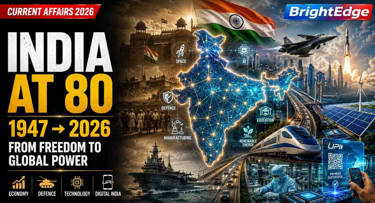 India at 80: India's transformation from 1947 to 2026, featuring the digital India map, defence, space technology, infrastructure, renewable energy and modern economy.