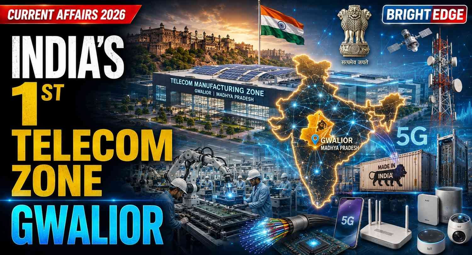 India's first Telecom Manufacturing Zone in Gwalior featuring a modern telecom factory, 5G infrastructure, Digital India elements, engineers, and advanced electronics manufacturing.
