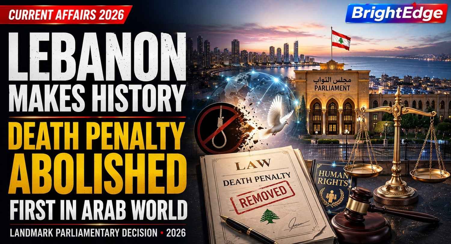 Lebanon abolishes the death penalty in a historic 2026 parliamentary decision, with Beirut skyline, justice scales and Lebanese national symbols.