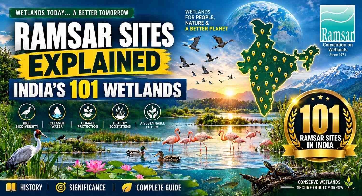 Premium infographic thumbnail illustrating India's 101 Ramsar Sites, featuring a vibrant wetland ecosystem with migratory birds, lotus flowers, turtles, a map of India highlighting Ramsar Sites, and a golden "101" conservation badge under the Ramsar Convention.