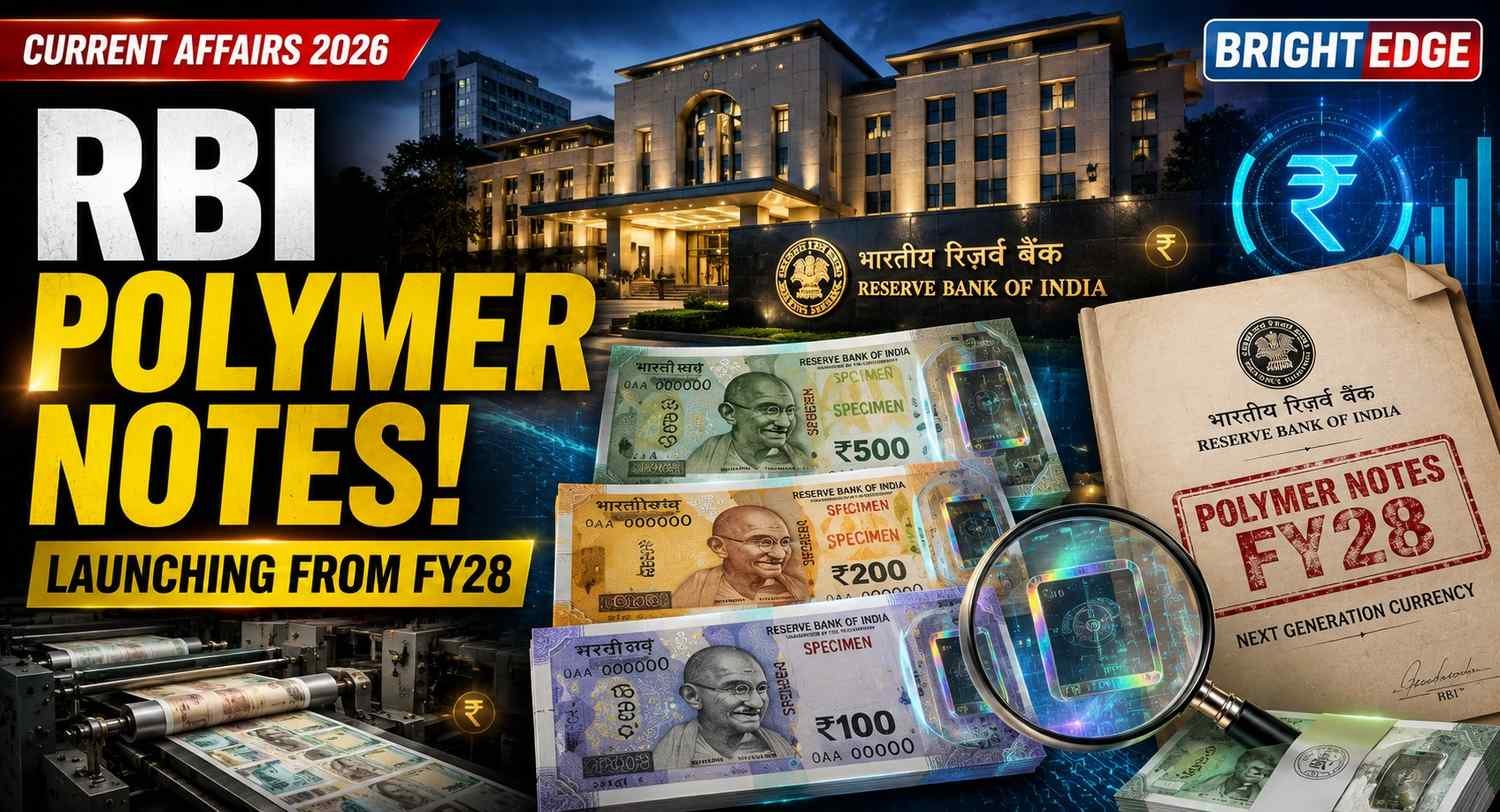 Concept illustration of RBI's proposed polymer banknotes from FY28 featuring advanced security features, RBI headquarters, transparent currency elements, and modern banking technology.