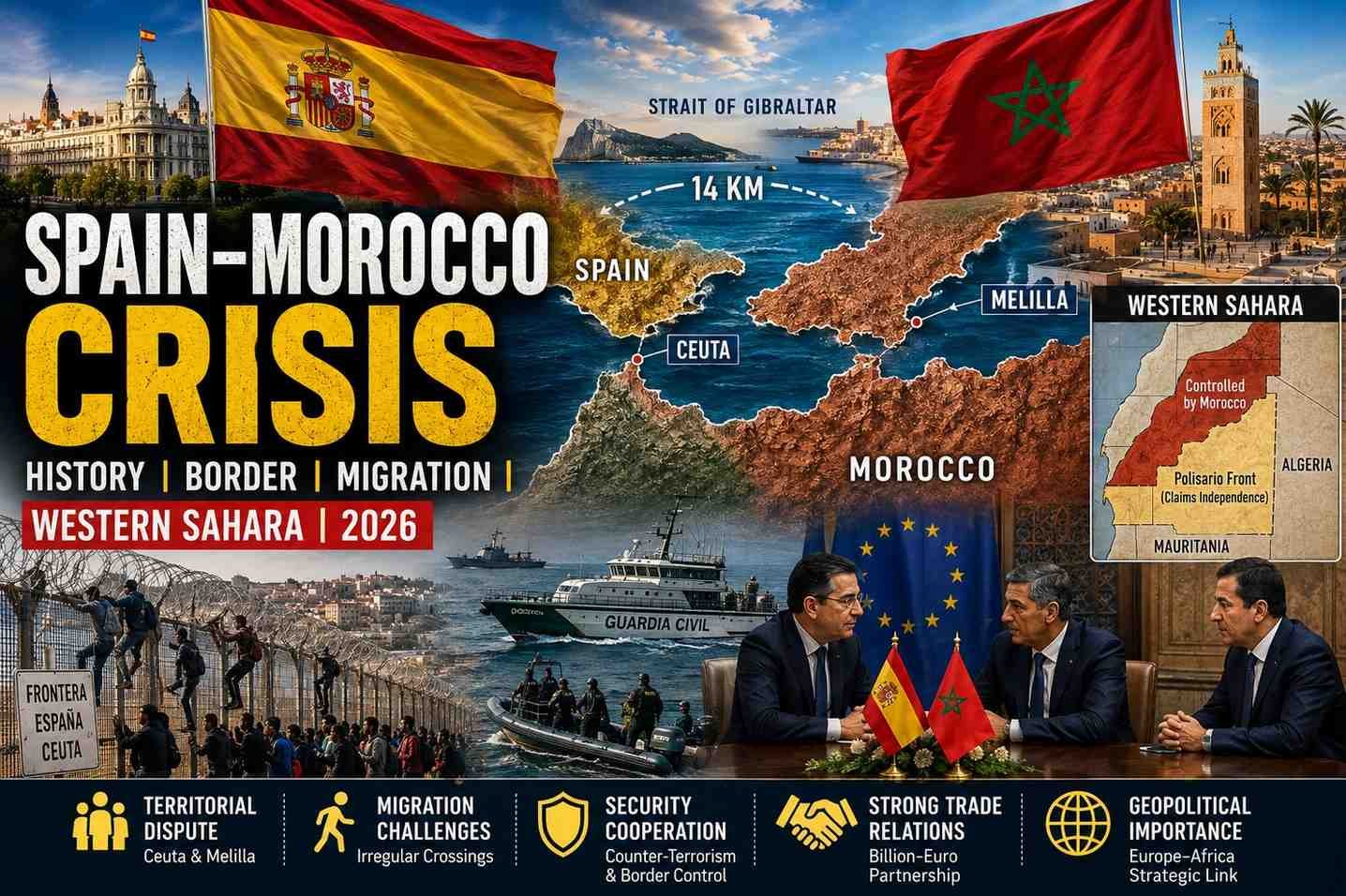 Infographic illustrating the Spain–Morocco crisis, highlighting Ceuta and Melilla, the Strait of Gibraltar, Western Sahara, migration routes, and diplomatic relations between Spain and Morocco in 2026.