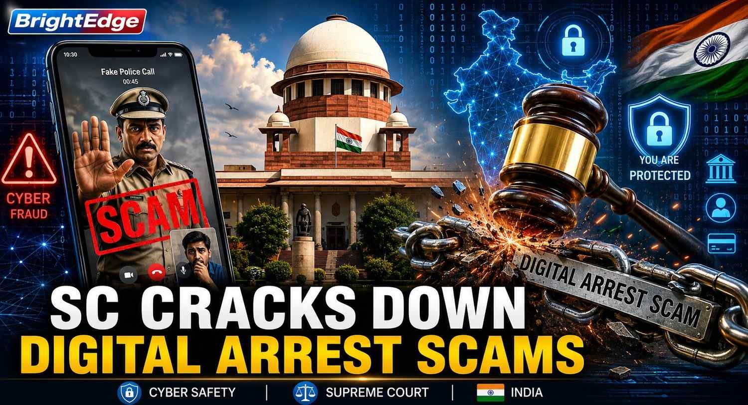 News thumbnail showing the Supreme Court of India taking action against digital arrest scams, featuring a fake police video call marked as a scam, cybersecurity graphics, and legal symbols.